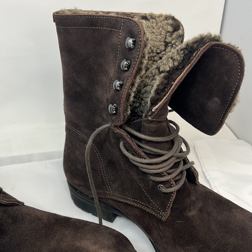 Men’s Sz 9.5 Brown Suede Full Fur Lined Lace Up Lug Boots - Picture 3 of 12